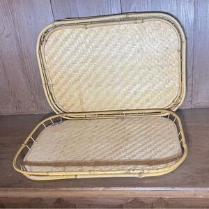 Set of 4 Vintage Wicker Rattan & Bamboo Serving Trays – Mid-Century Modern